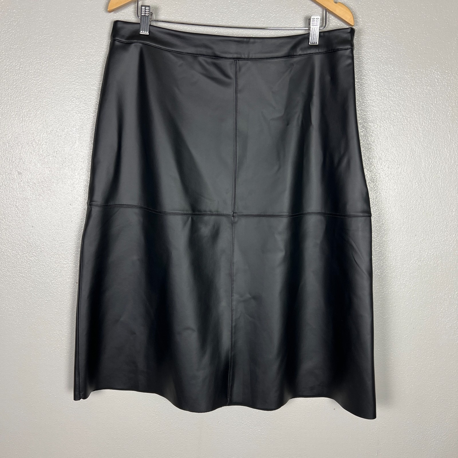 Elizabeth And James Midi Skirt Womens 14 32 Black Faux Leather Stretch A-Line
